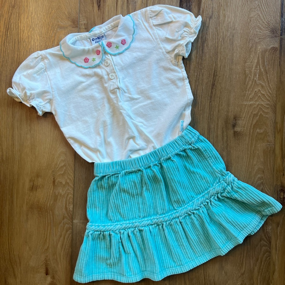 Hanna Andersson Sky Blue Corduroy Ruffle Skirt 4T Styled with Vintage OshKosh